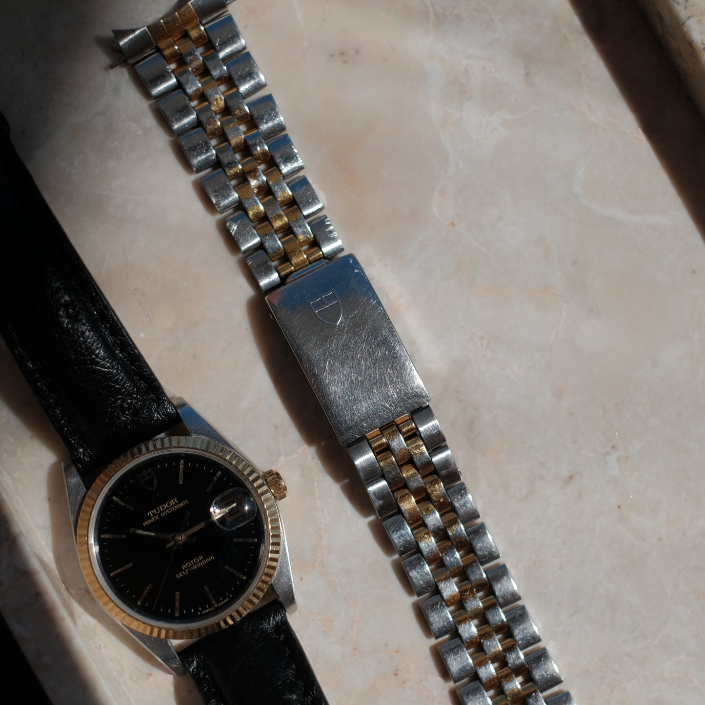 1995 Prince Oyster Date 18K Gold Steel Black Dial ref 74033, Watch only.