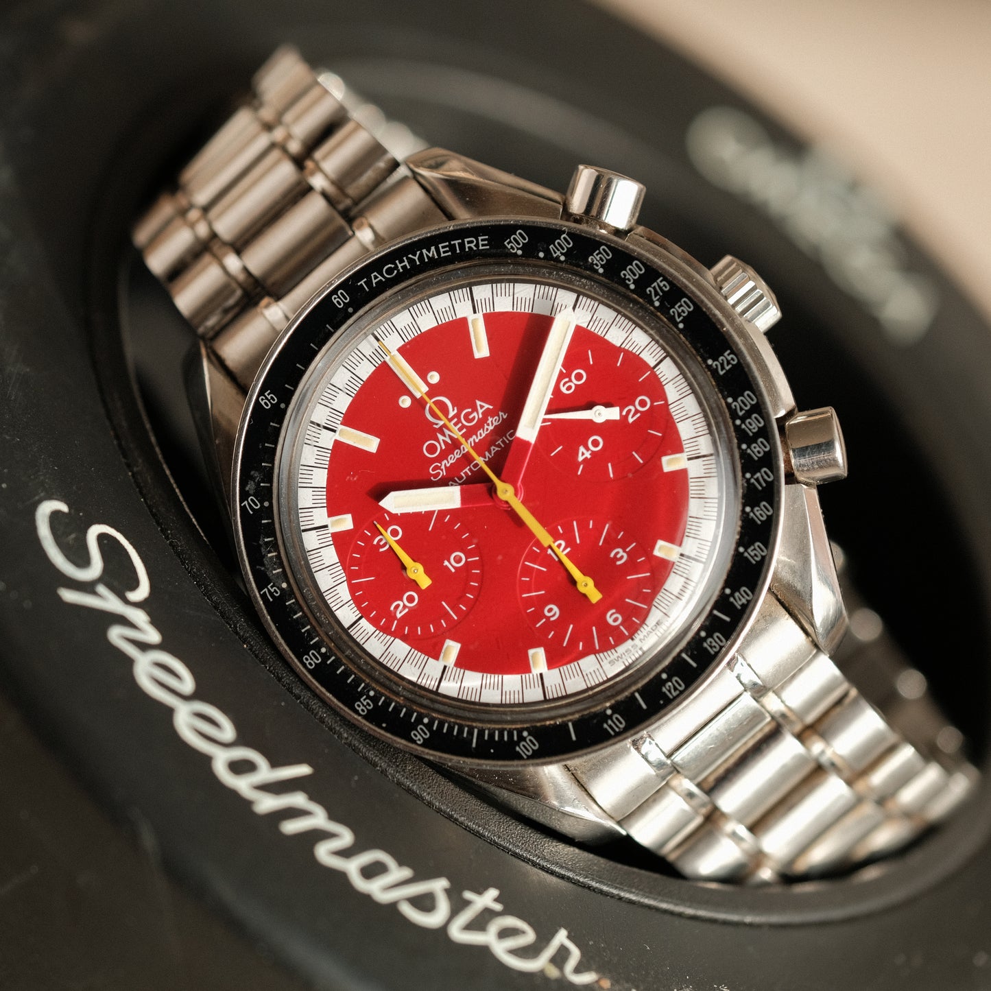 Speedmaster Reduced Michael Schumacher Red 3810.61.41, Full Set w/ Rare Tyre Box!