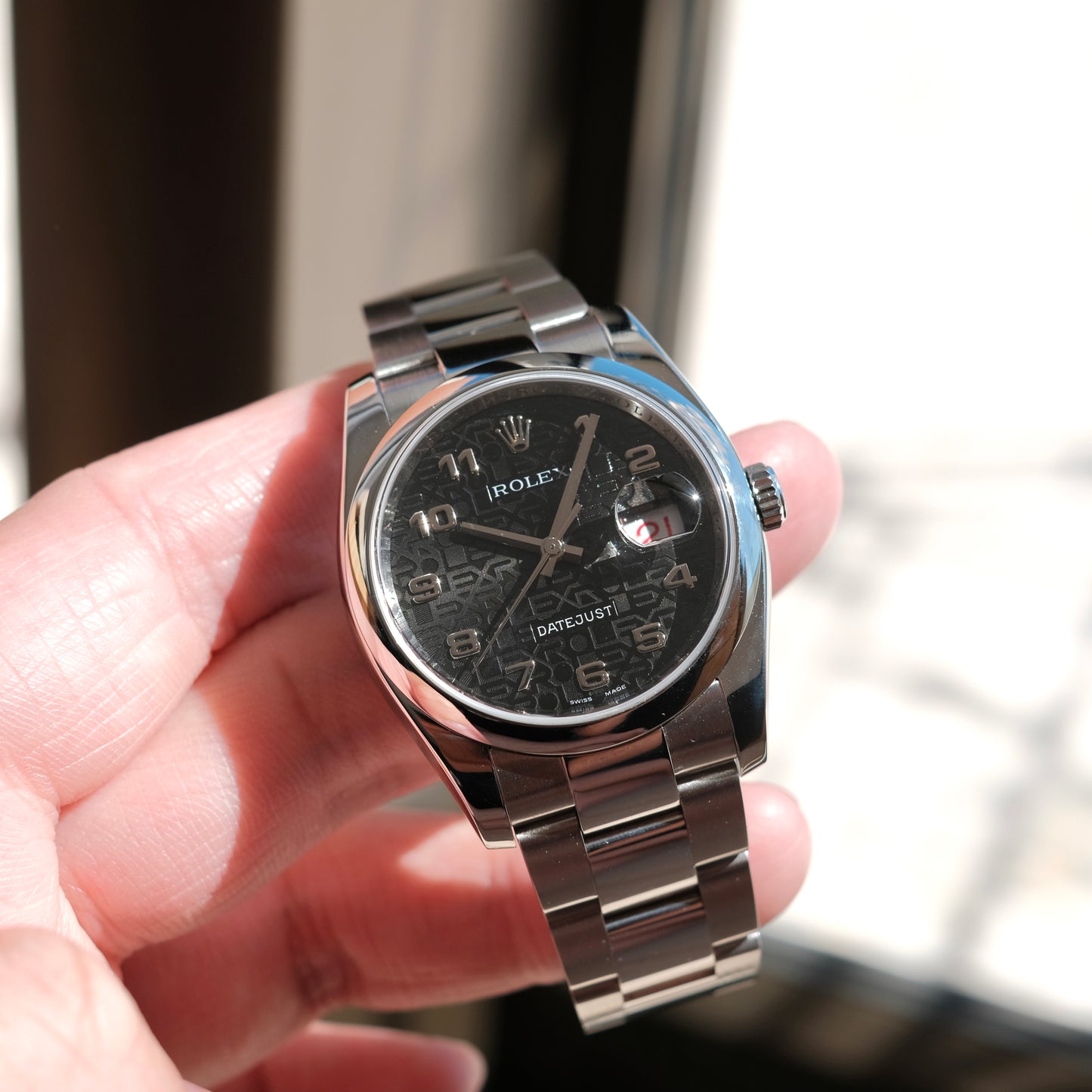 2007 Datejust 36 ref 116200 ‘Computer & Racing’ black Dial & Roulette date, Box & Papers.