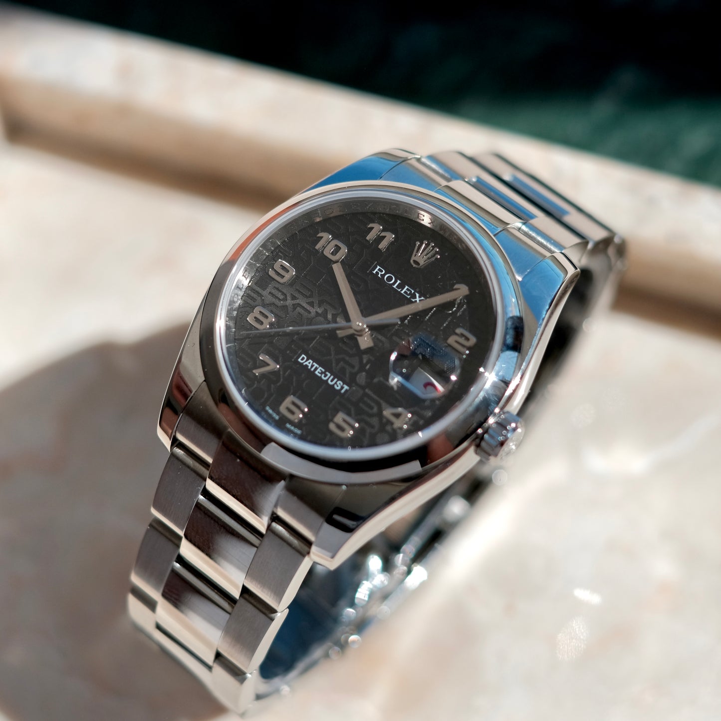 2007 Datejust 36 ref 116200 ‘Computer & Racing’ black Dial & Roulette date, Box & Papers.