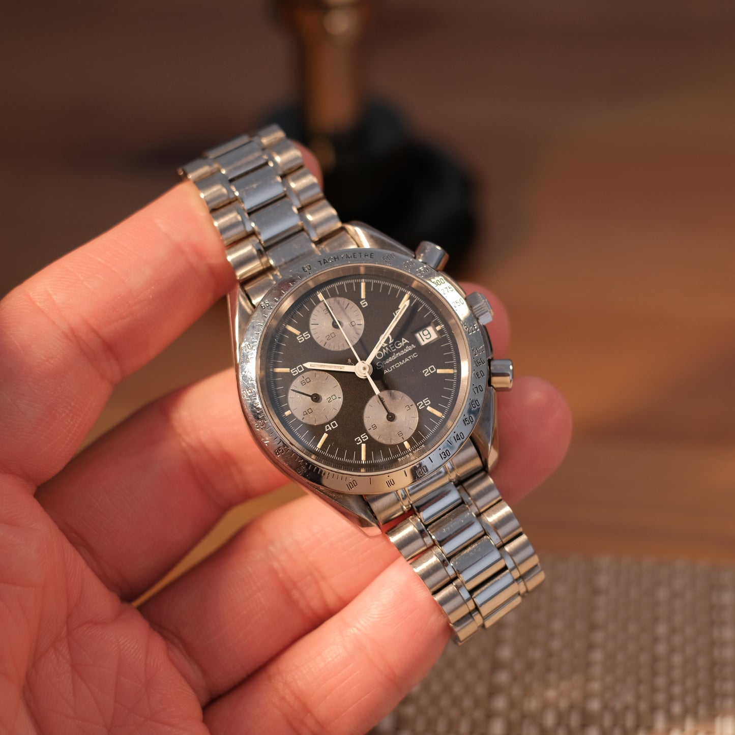 Circa 1990's Speedmaster Date Reverse Panda JDM Creamy Patina, Ref 3511.50 serviced.