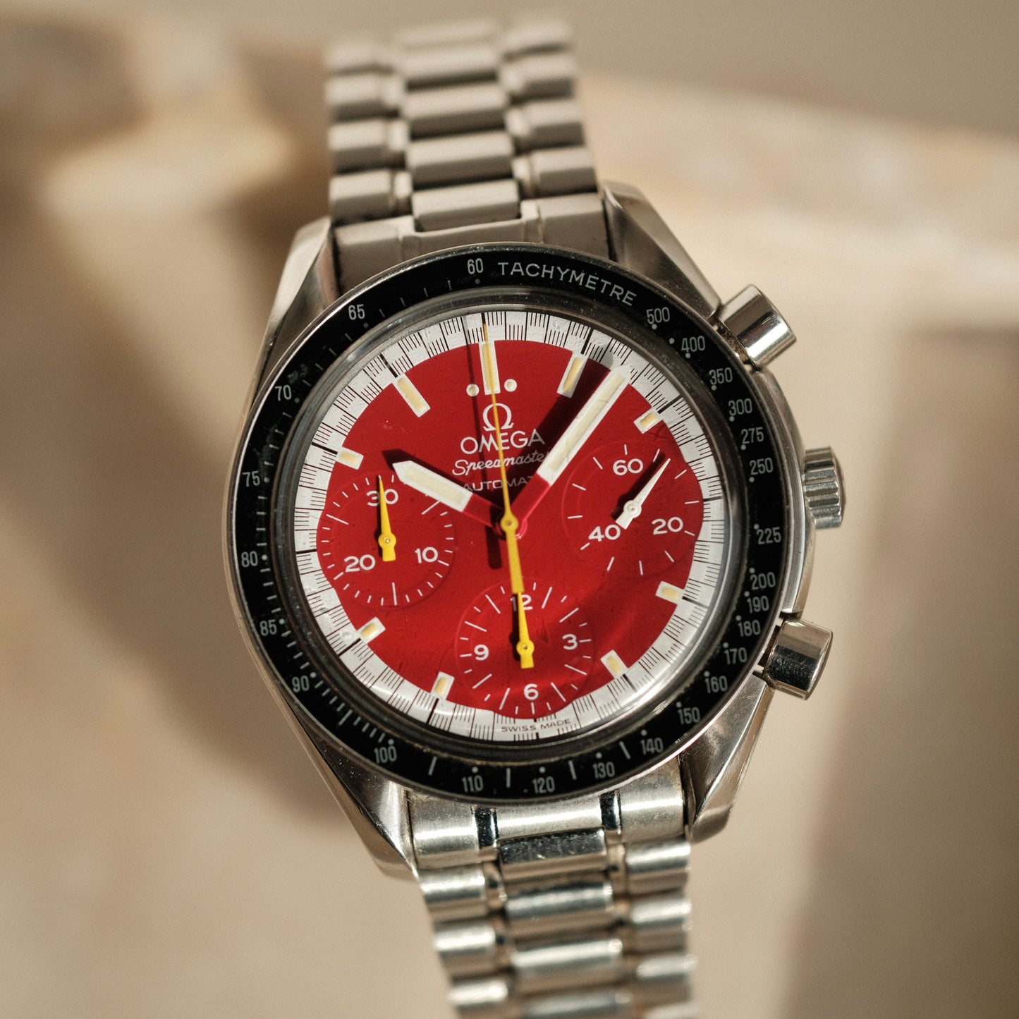 Speedmaster Reduced Michael Schumacher Red 3810.61.41, Full Set w/ Rare Tyre Box!