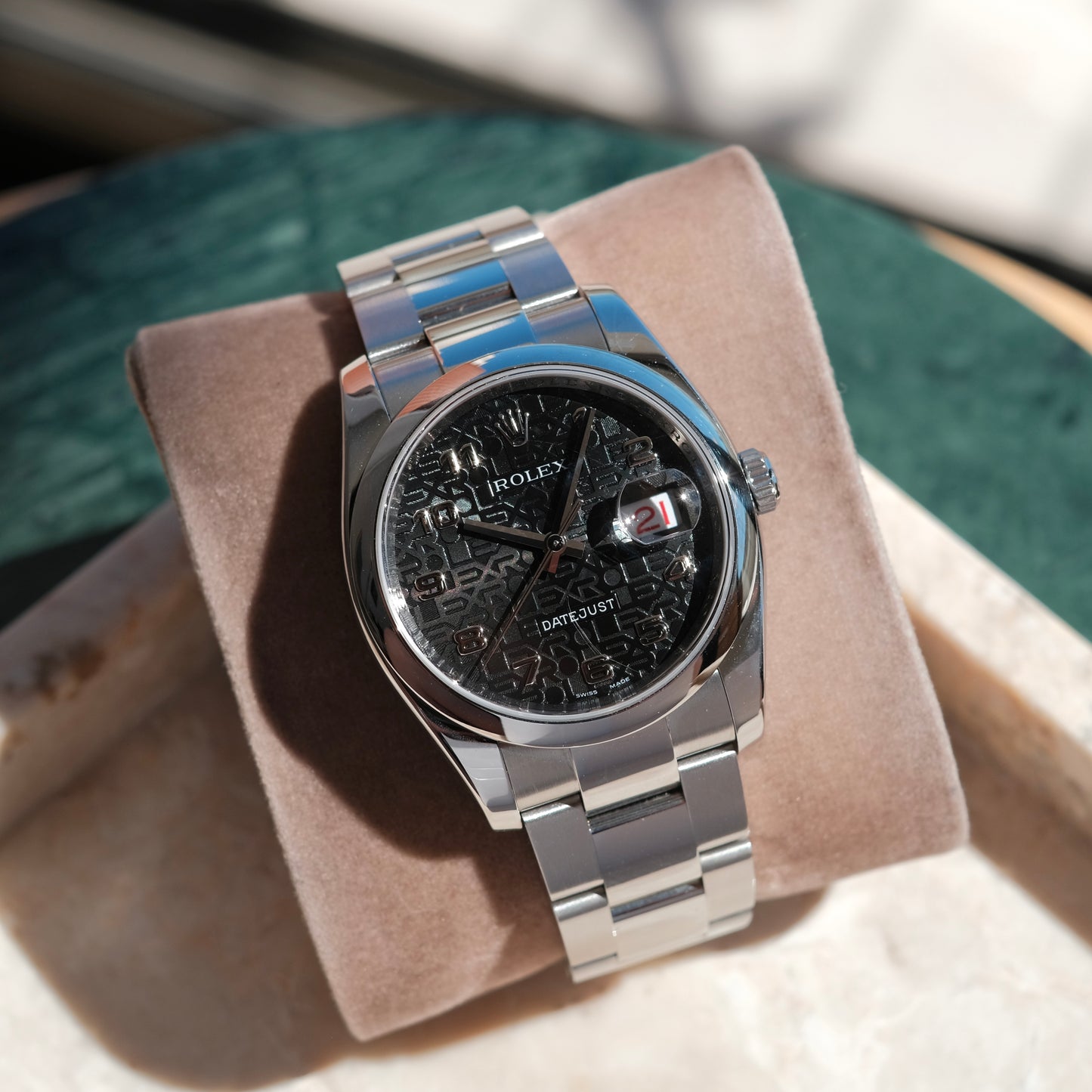 2007 Datejust 36 ref 116200 ‘Computer & Racing’ black Dial & Roulette date, Box & Papers.