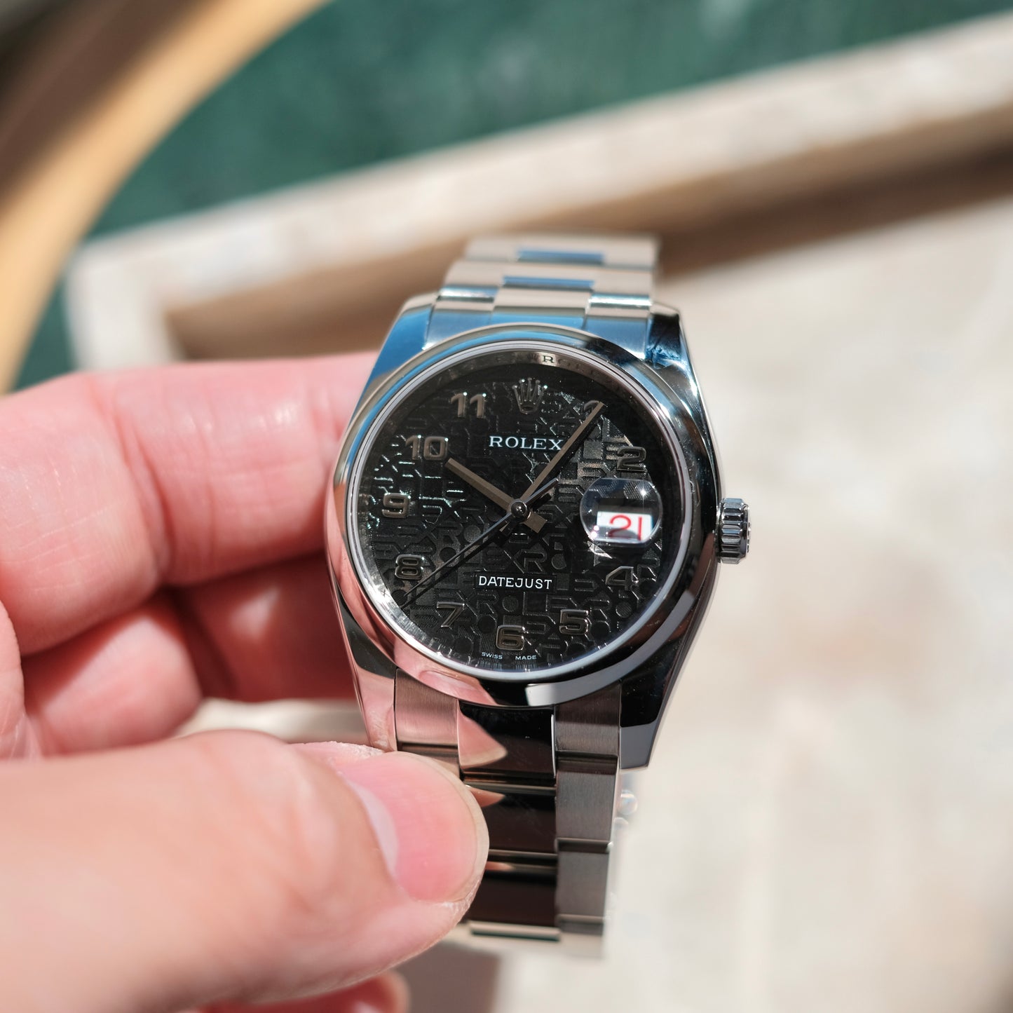 2007 Datejust 36 ref 116200 ‘Computer & Racing’ black Dial & Roulette date, Box & Papers.