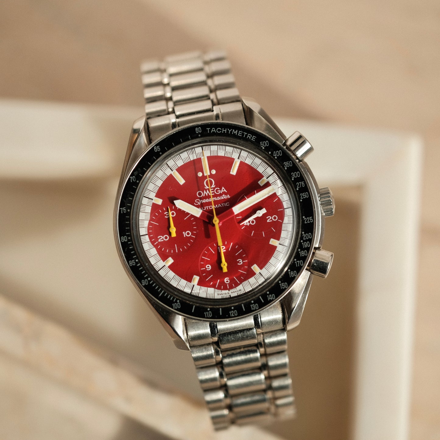 Speedmaster Reduced Michael Schumacher Red 3810.61.41, Full Set w/ Rare Tyre Box!
