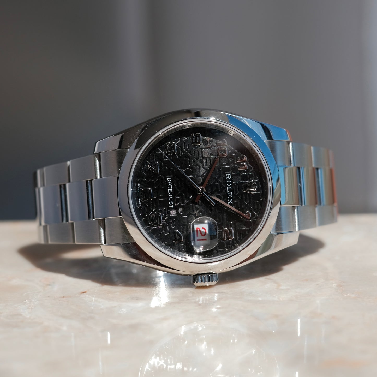 2007 Datejust 36 ref 116200 ‘Computer & Racing’ black Dial & Roulette date, Box & Papers.