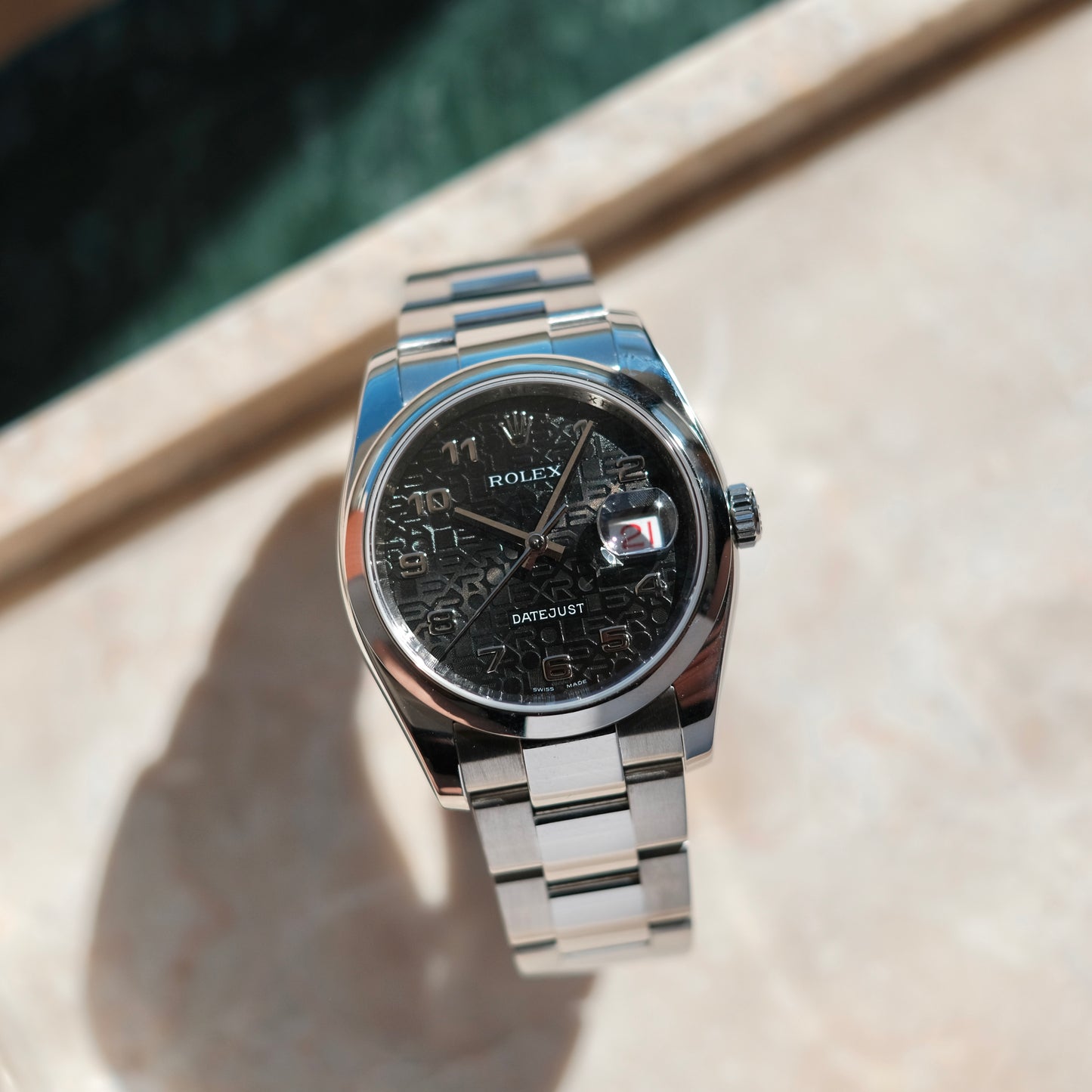 2007 Datejust 36 ref 116200 ‘Computer & Racing’ black Dial & Roulette date, Box & Papers.