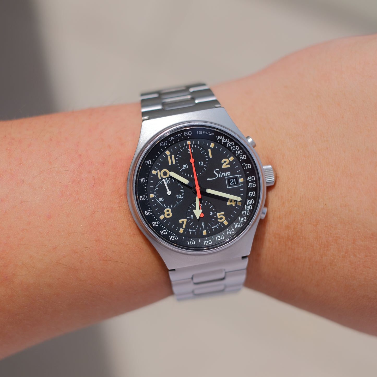 1990’s Sinn 144 ST Chronograph GMT, Pumpkin Tritium Patina.