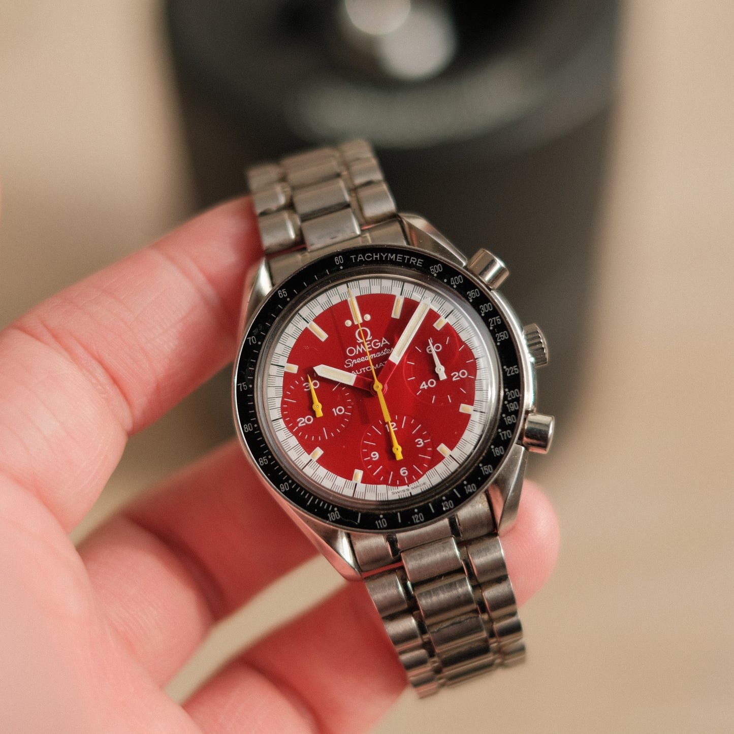 Speedmaster Reduced Michael Schumacher Red 3810.61.41, Full Set w/ Rare Tyre Box!