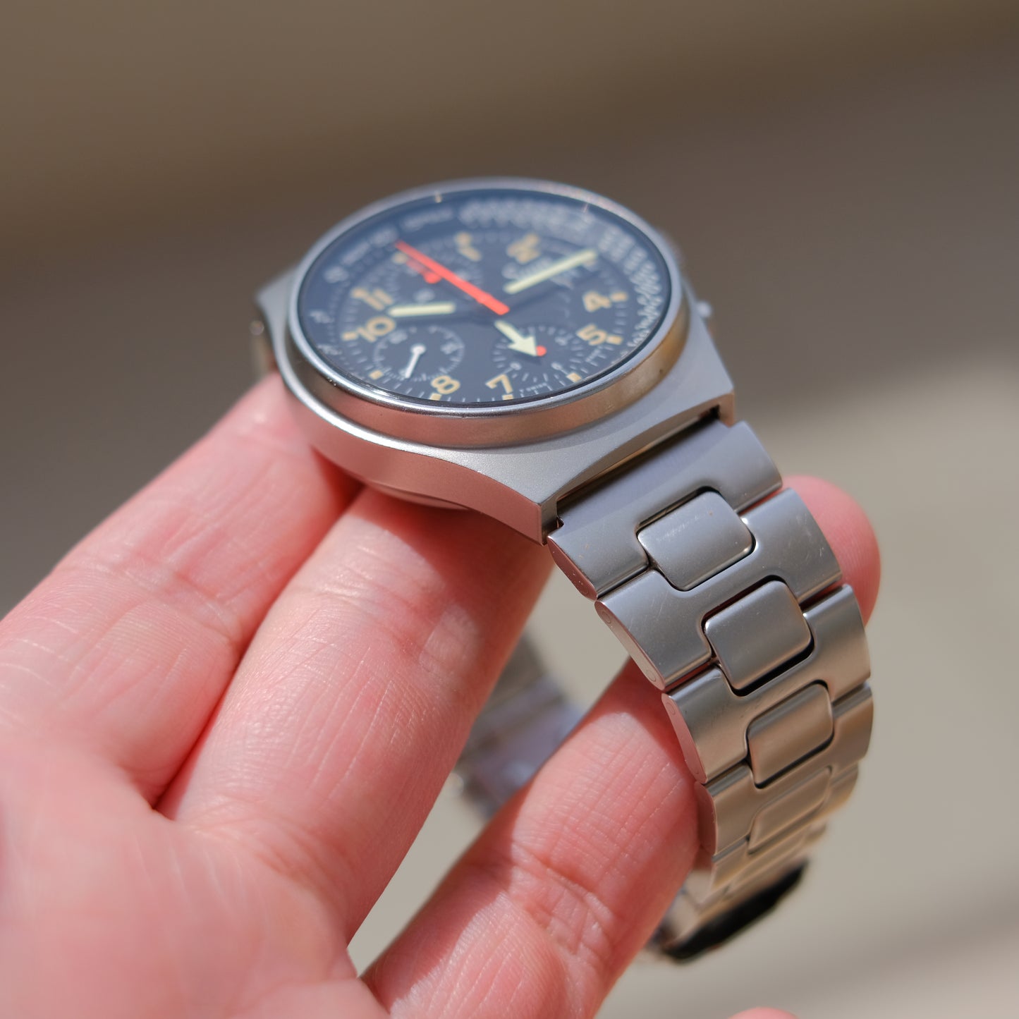 1990’s Sinn 144 ST Chronograph GMT, Pumpkin Tritium Patina.