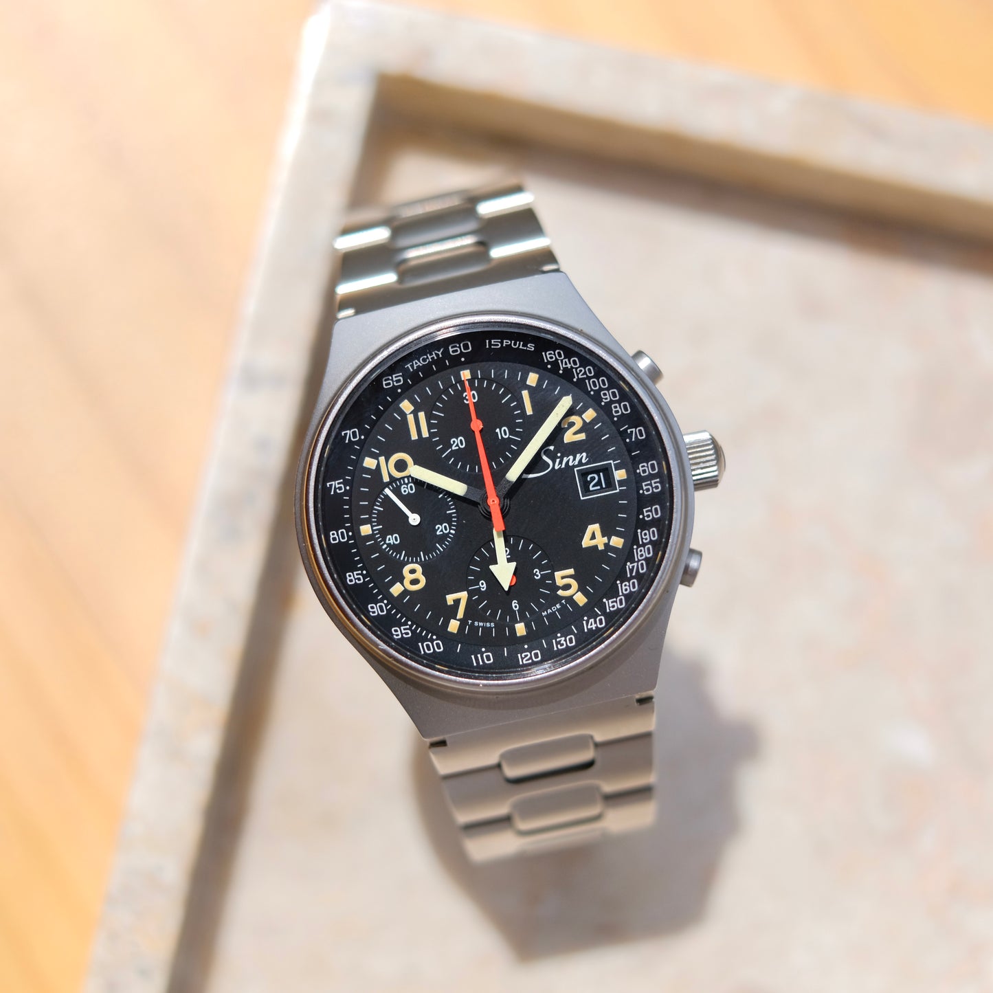 1990’s Sinn 144 ST Chronograph GMT, Pumpkin Tritium Patina.