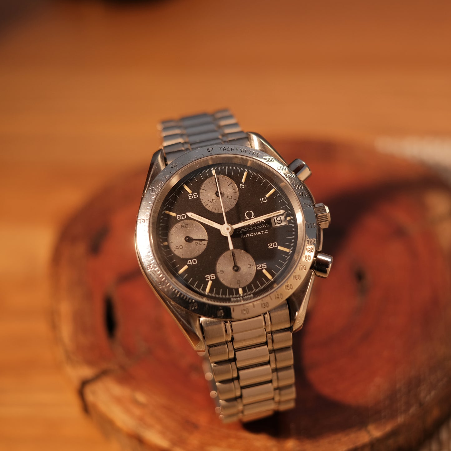 Circa 1990's Speedmaster Date Reverse Panda JDM Creamy Patina, Ref 3511.50 serviced.