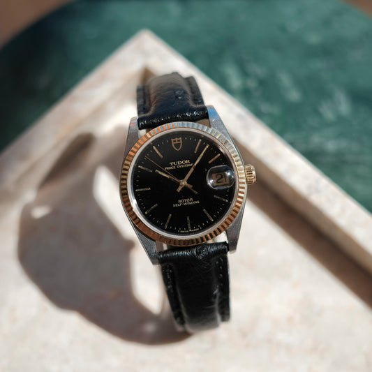 1995 Prince Oyster Date 18K Gold Steel Black Dial ref 74033, Watch only.