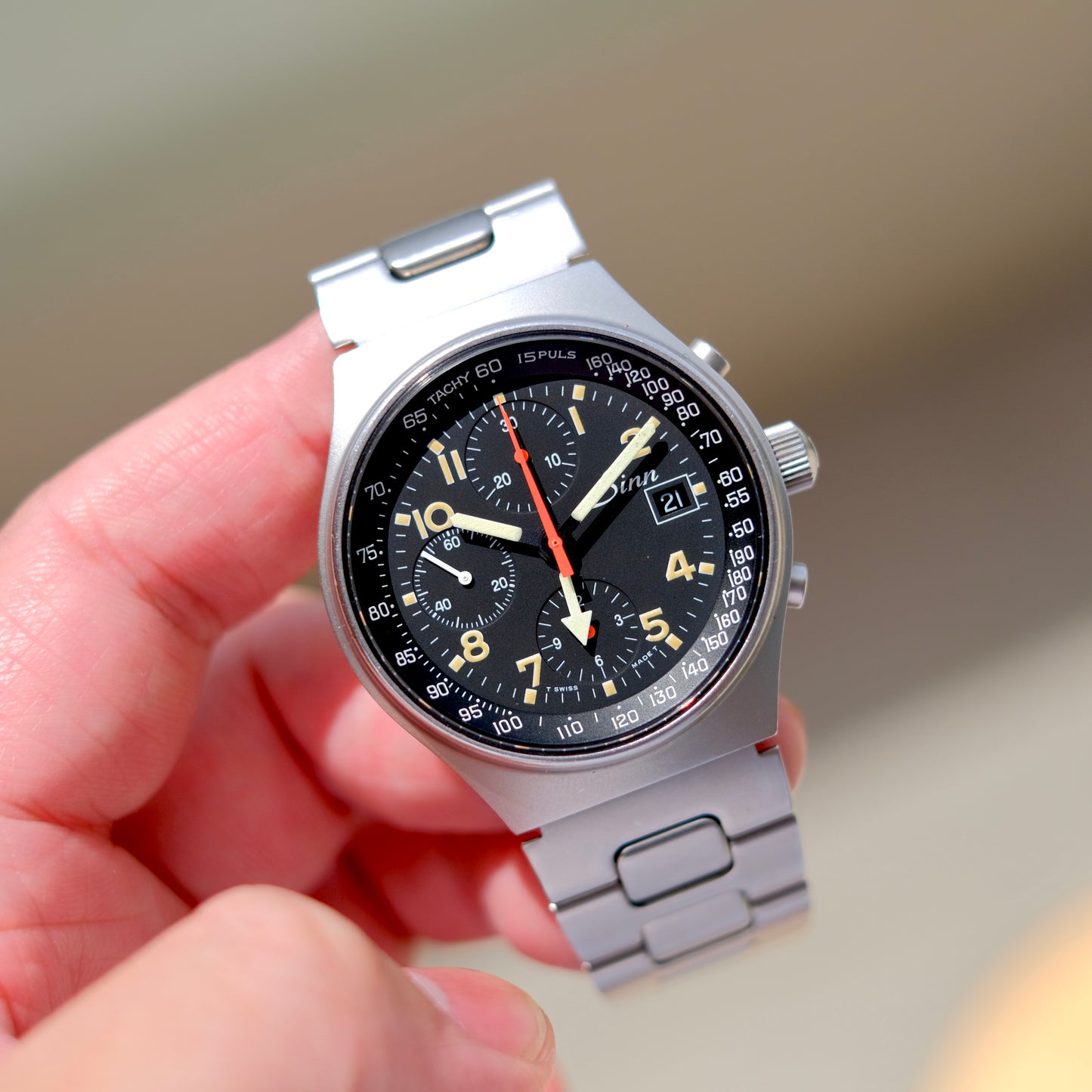 1990’s Sinn 144 ST Chronograph GMT, Pumpkin Tritium Patina.