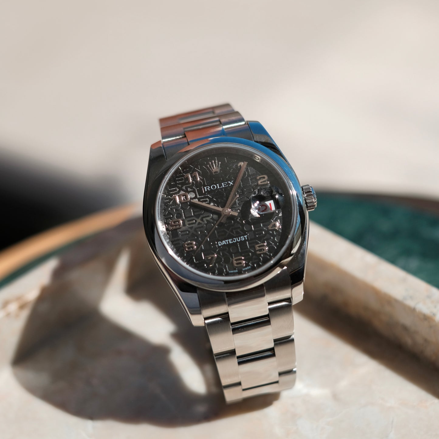 2007 Datejust 36 ref 116200 ‘Computer & Racing’ black Dial & Roulette date, Box & Papers.