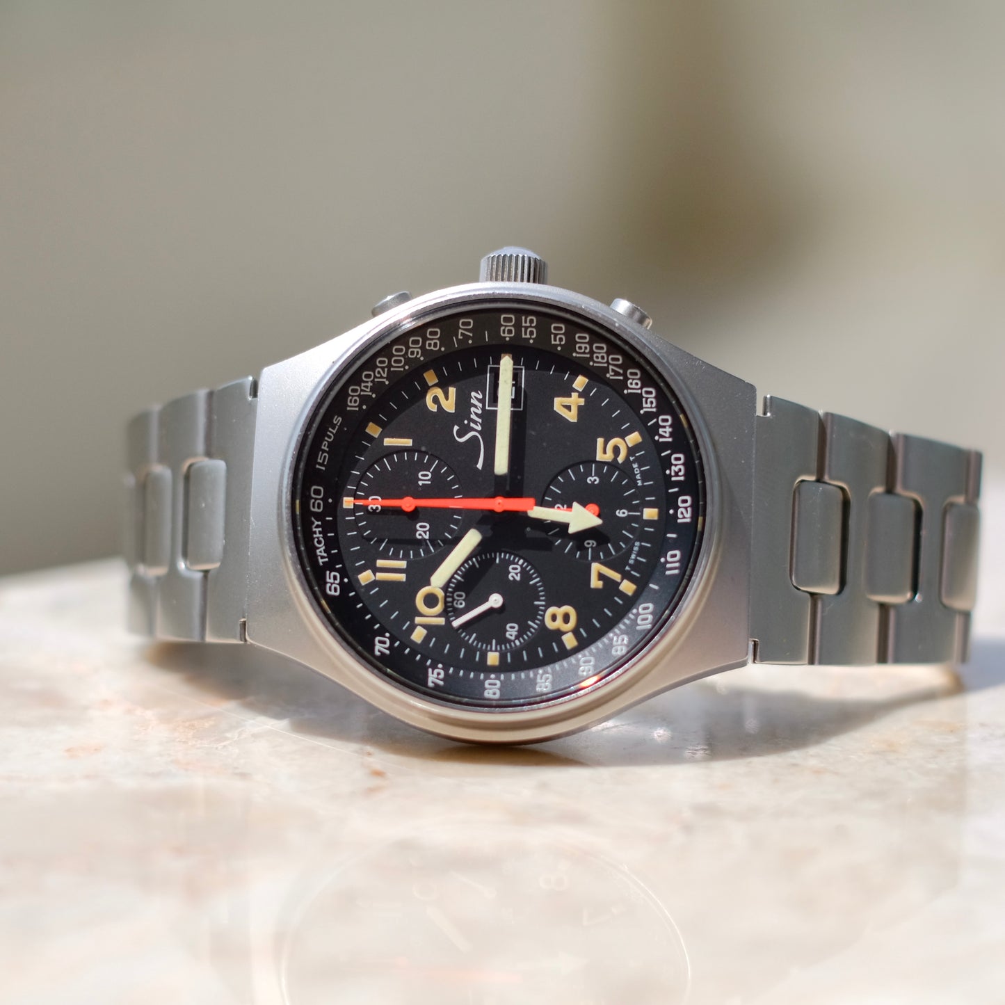 1990’s Sinn 144 ST Chronograph GMT, Pumpkin Tritium Patina.