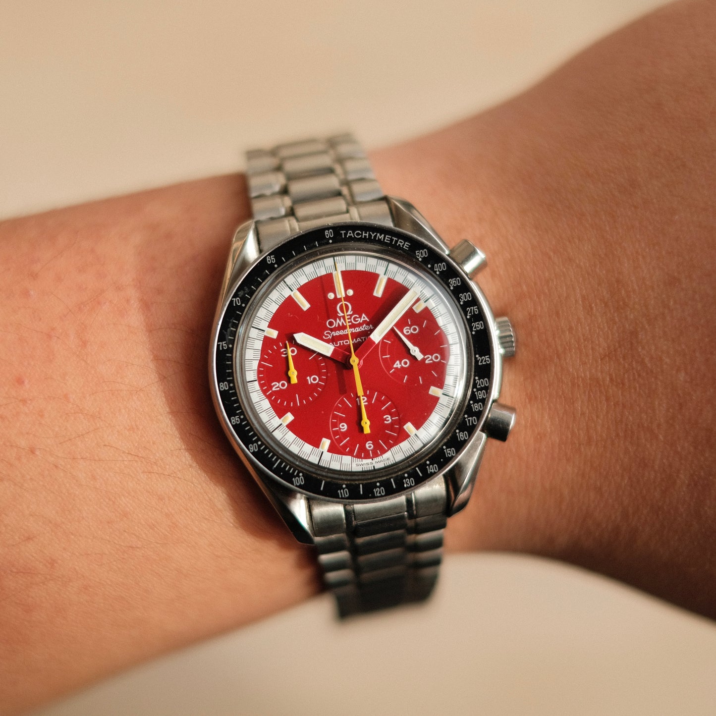 Speedmaster Reduced Michael Schumacher Red 3810.61.41, Full Set w/ Rare Tyre Box!